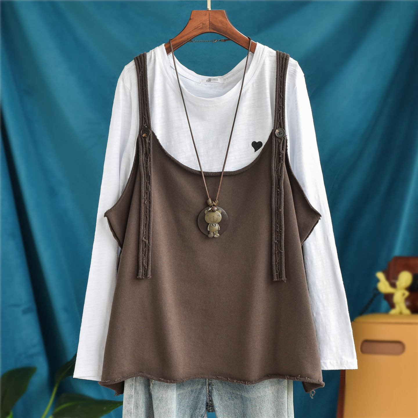 秋装休闲复古纯棉个性百搭破边吊带马甲宽松大码打底衫背心马夹潮