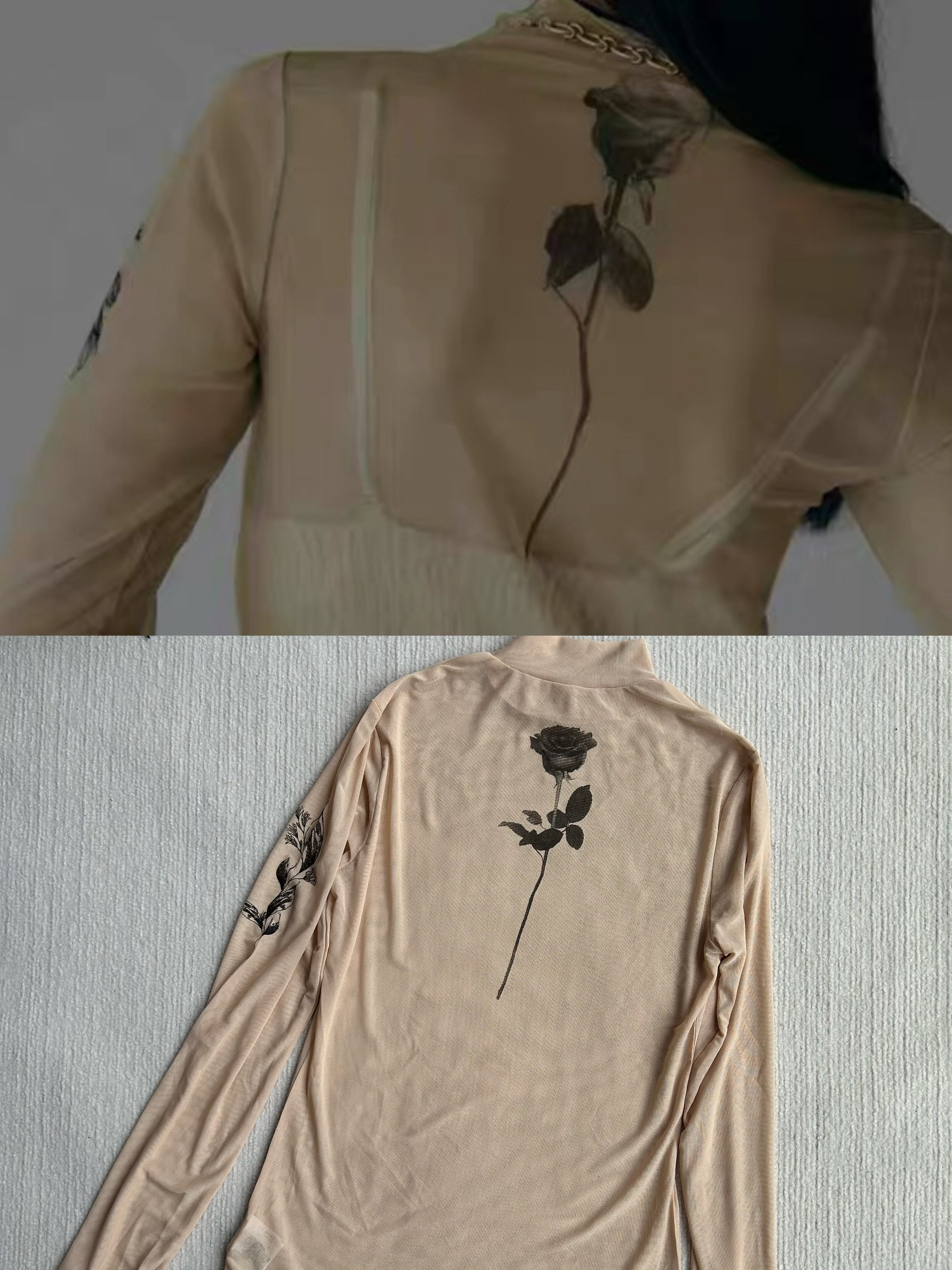GRL纹身感玫瑰印花透明网纱打底衫女小高领修身长袖内搭dk1305