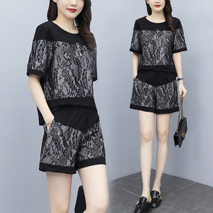 RM14734#新款蕾丝短袖短裤大码女装 时尚休闲减龄薄款显瘦两件套套装