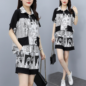 RM14733#夏季新款时尚套装女 宽松印花摩登短袖两件套 潮流大码女装