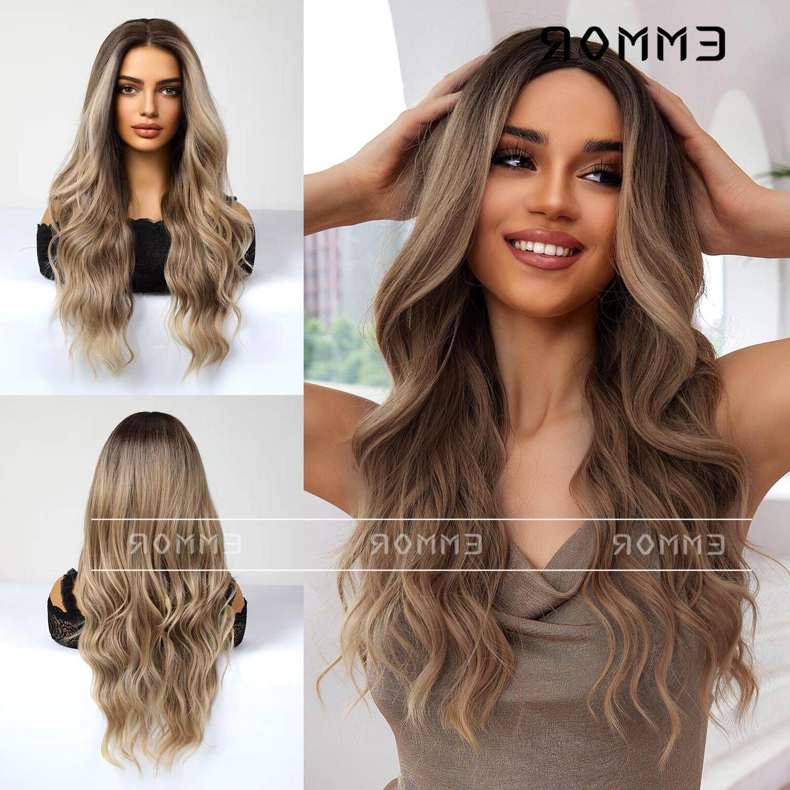 TEMU热销 中分大波浪长卷发渐变深棕哑光高温丝  假发wig女全头套
