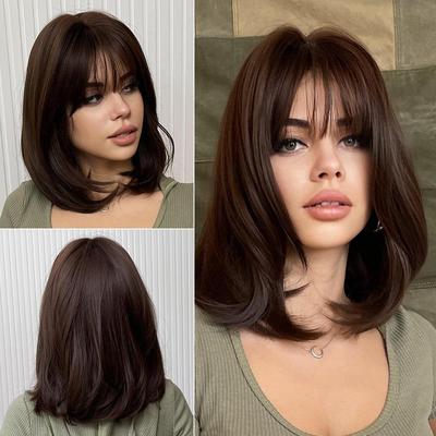 Dark brown Short Bob hair wigs with bangs Synthetic wig