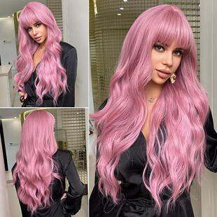 Long Pink Wigs with Bangs  Wave Synthetic Wigs for  Women
