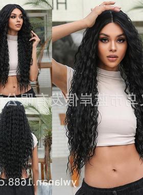 黑色非洲小卷蕾丝假发28inch中分长卷发进口丝化纤发前额蕾丝假发