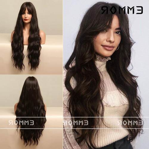 欧美假发女黑棕色八字刘海长卷发现货hair wig高温丝cosplay头套