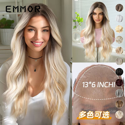 跨境13*6大面积前蕾丝假发中分挑染金色蓬松长卷发lace wigs长发