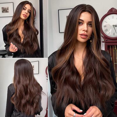 Long  Wavy Synthetic Wigs Ombre Brown Middle Part For Women
