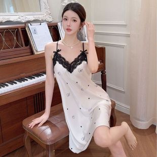 冰丝新款 维拉小姐夏季 睡裙女性感纯欲风甜美花边吊带裙睡衣带胸垫