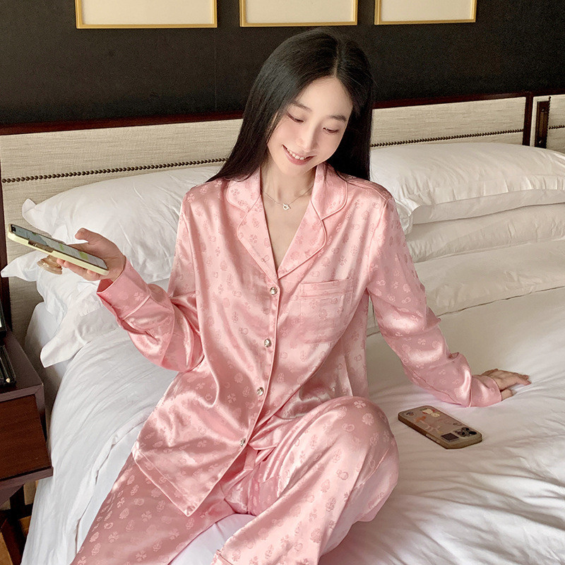 高级感罗克心提花冰丝睡衣女长袖长裤浮雕丝绸家居服春秋礼盒套装