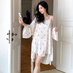 夏高档礼盒家居服睡袍两件套 真丝性感睡衣女蕾丝吊带睡裙春秋薄款
