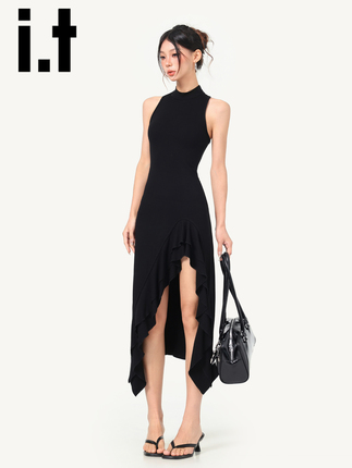 It:Chocoolate Black Asymmetrical Tank Dress for Women 2026 New Summer Waist-Cinching Fishtail Long Dress