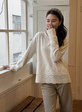 邱莹莹 HELA AOMI “白松雨露”绵羊毛100%提花刺绣下摆针织衫