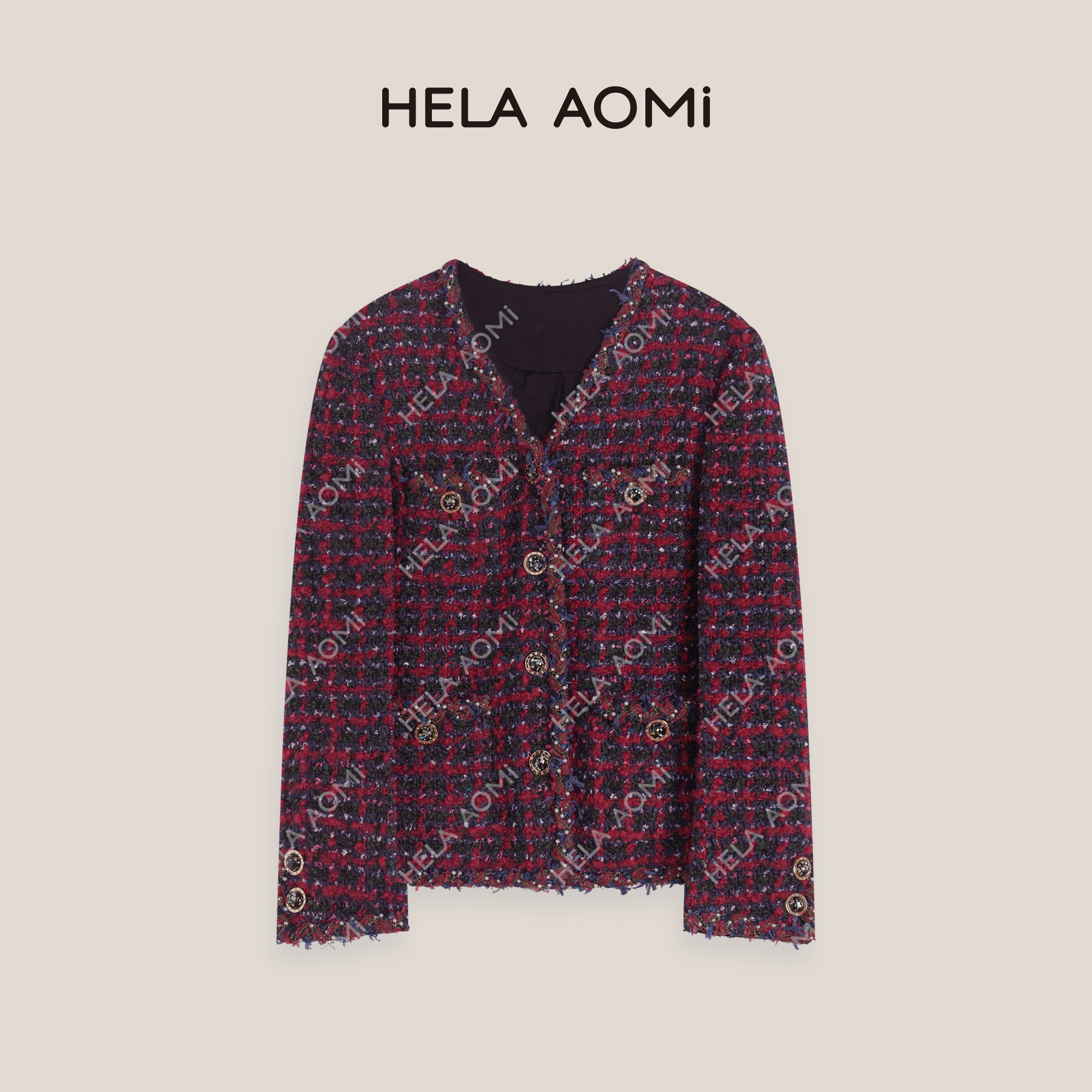 邱莹莹HELA AOMI&ldquo;碎石野玫瑰&rdquo;绵羊毛粗花呢V领小香格纹短外套