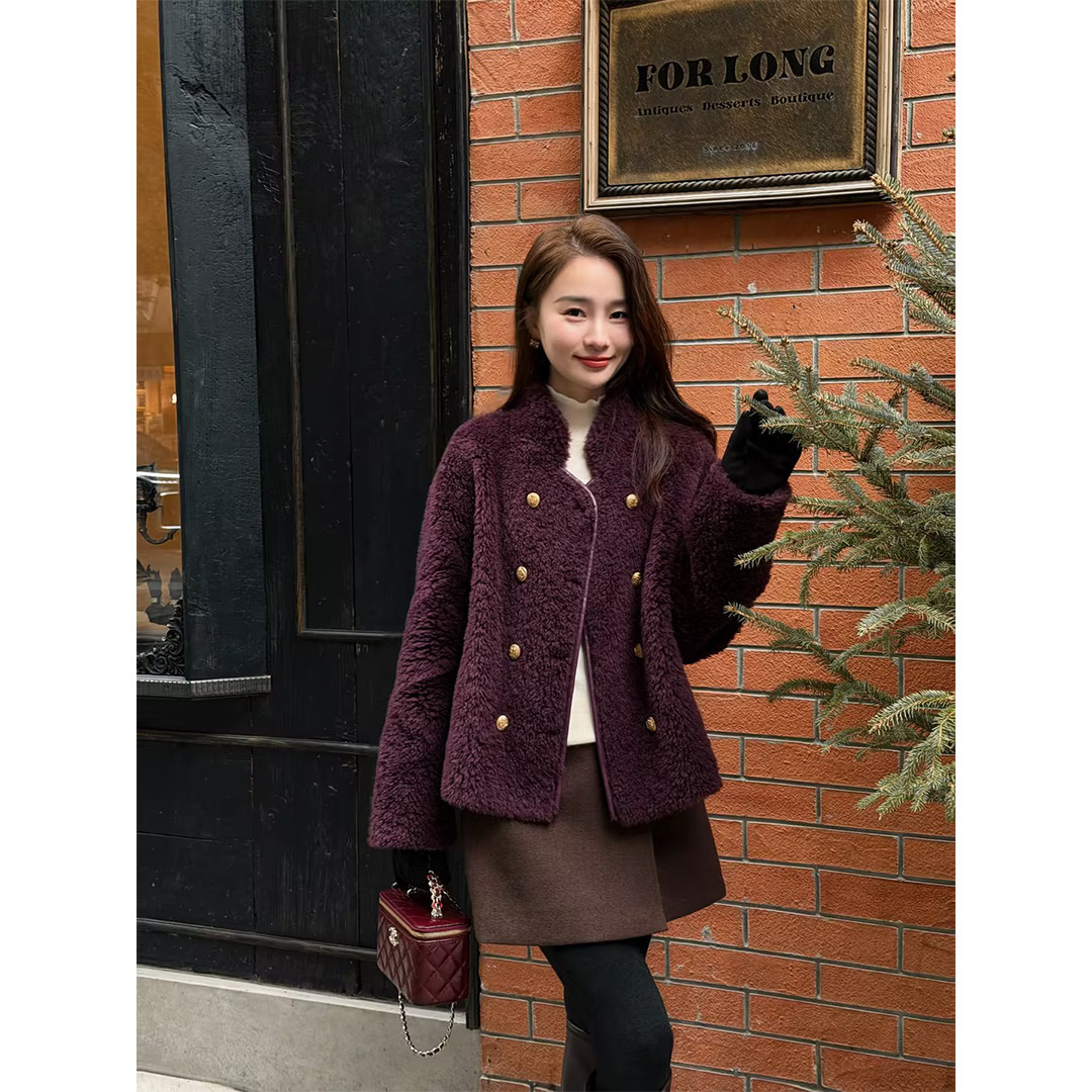 邱莹莹 HELAAOMI“原单线.小金扣皮草”绵羊毛100%高级时髦外套
