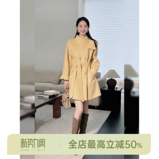 慕斯奶黄 AOMI 绵羊毛95%骆驼绒毛呢外套绑带大衣 HELA 邱莹莹