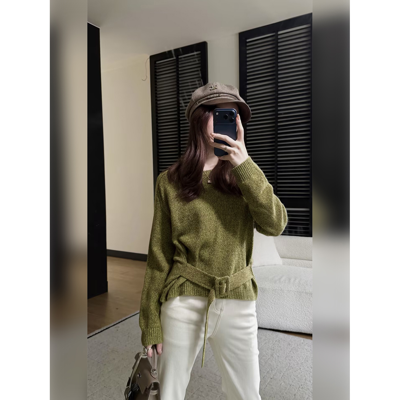 邱莹莹 HELA AOMI “腰带毛衣”绵羊毛软糯复古长袖高级感针织衫