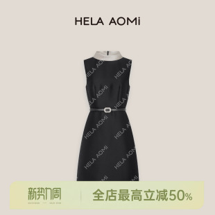 立体剪裁撞色翻领收腰拼接无袖 赫本裙 连衣裙 AOMI 邱莹莹HELA