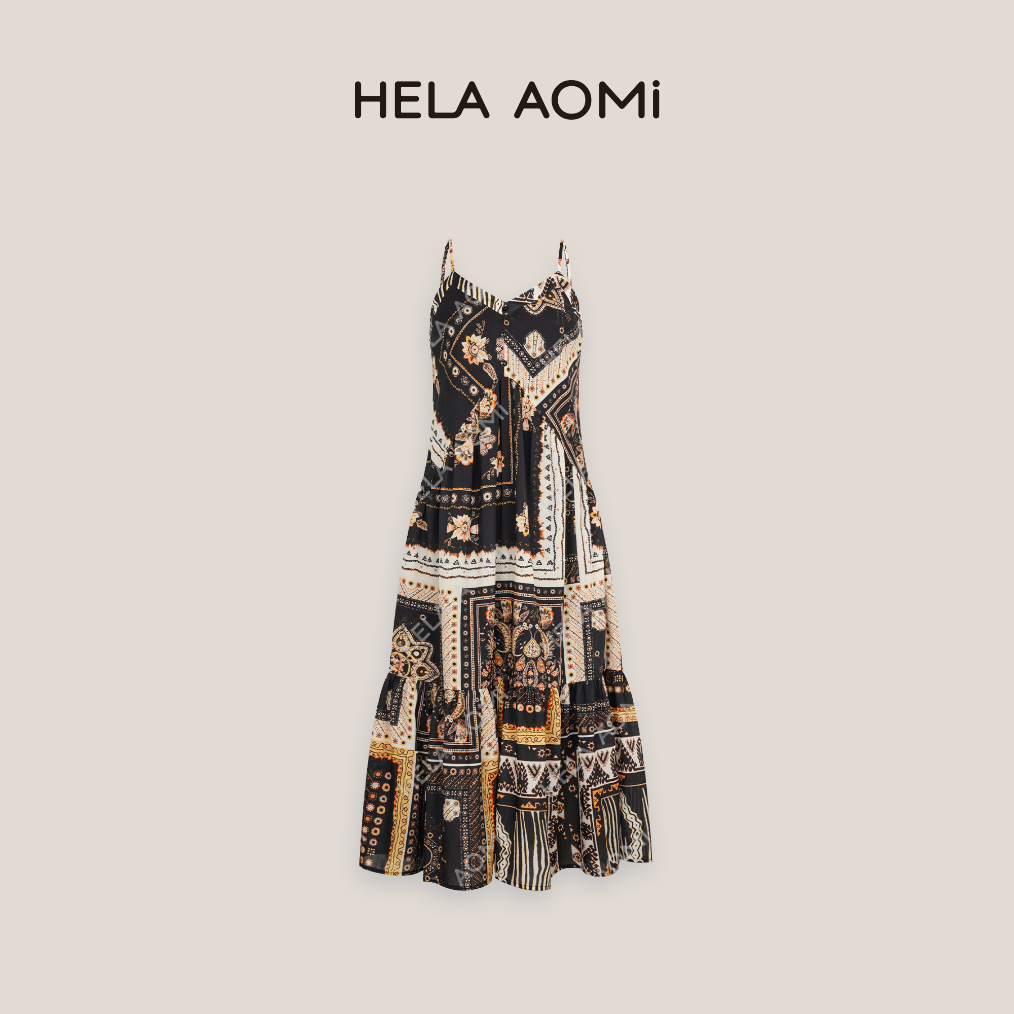 邱莹莹 HELA AOMI“澜梦”亚麻民族风印花V领吊带度假风连衣裙CY