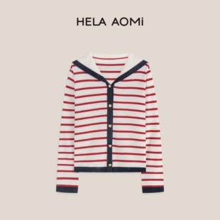 邱莹莹HELA AOMI “红运金马”绵羊毛海军领条纹长袖针织开衫