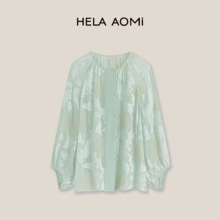 邱莹莹HELA AOMI “湖水弄蝶”100%桑蚕丝宽松廓形灯笼袖衬衫