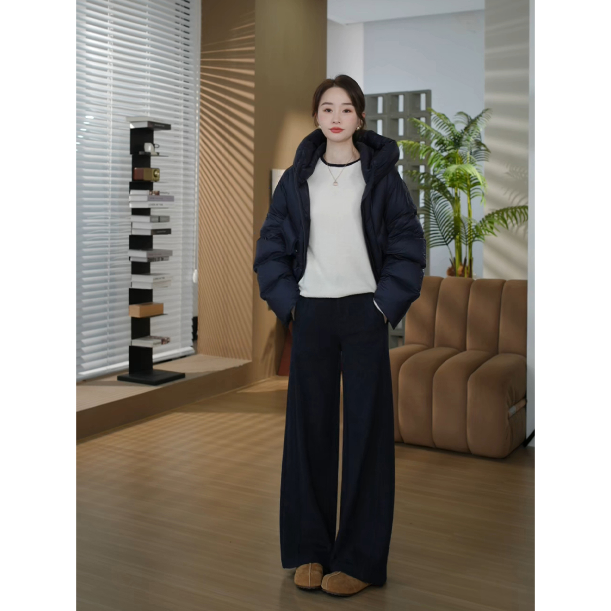 邱莹莹 HELA AOMI “原单线*斜纹磨毛裤”高腰宽松遮气质休闲裤