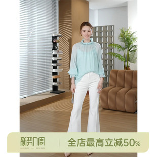 AOMI 衬衫 蓝铃 复古气质荷叶边喇叭袖 法式 邱莹莹HELA