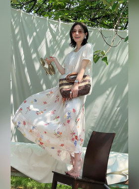 邱莹莹【现货】“小花裙”苎麻莱赛尔印花半身裙蕾丝拼接衬衫套装