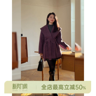 绵羊毛76.9% 紫狐 莱赛尔狐狸毛大翻领大衣 AOMI 邱莹莹HELA