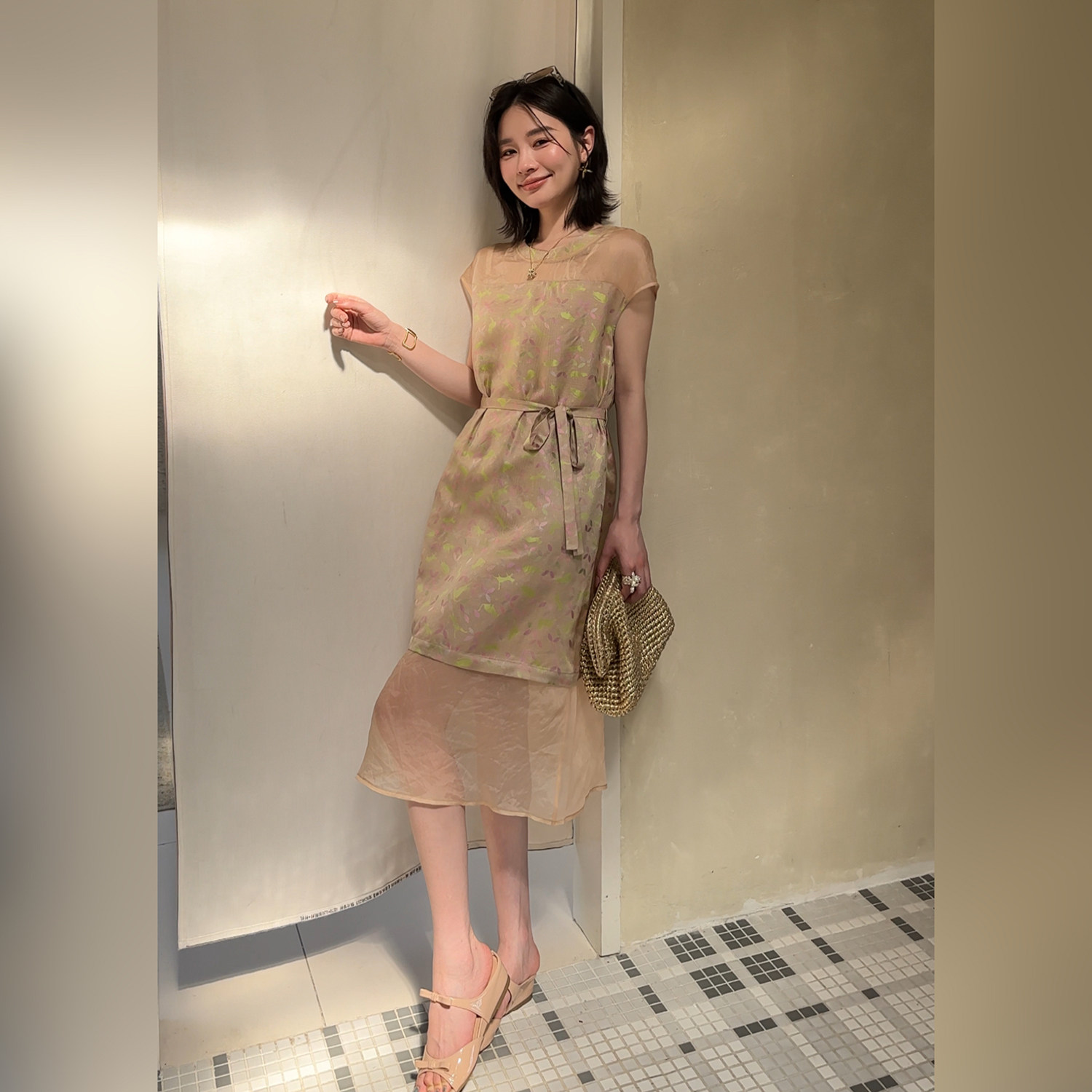 邱莹莹“浅蜜桃粉·云锦妆花罗”100%桑蚕丝19mm印花拼接连衣裙女