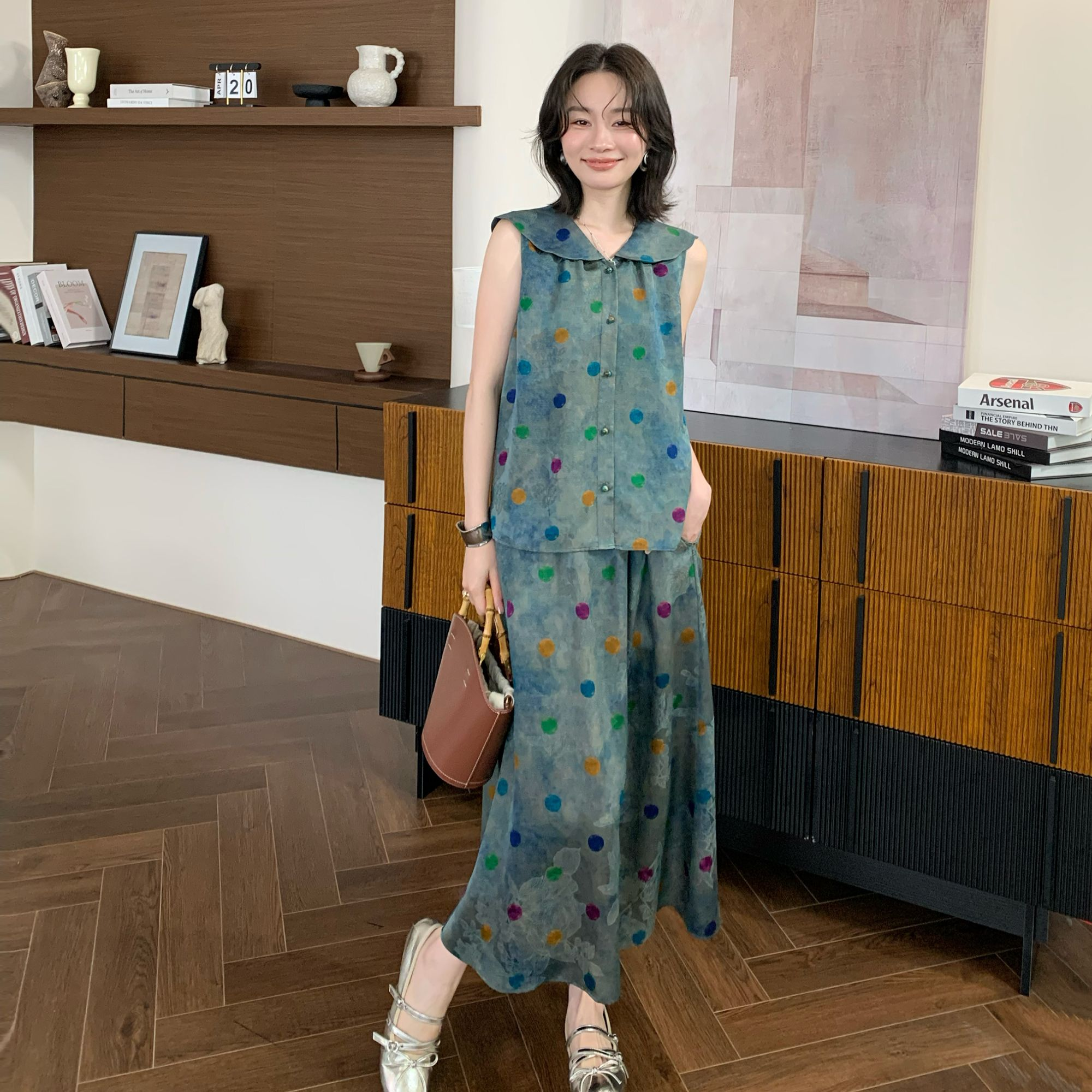 邱莹莹"红云纱·小彩豆"100%桑蚕丝28姆米衬衫晕染衬衫半身裙套装
