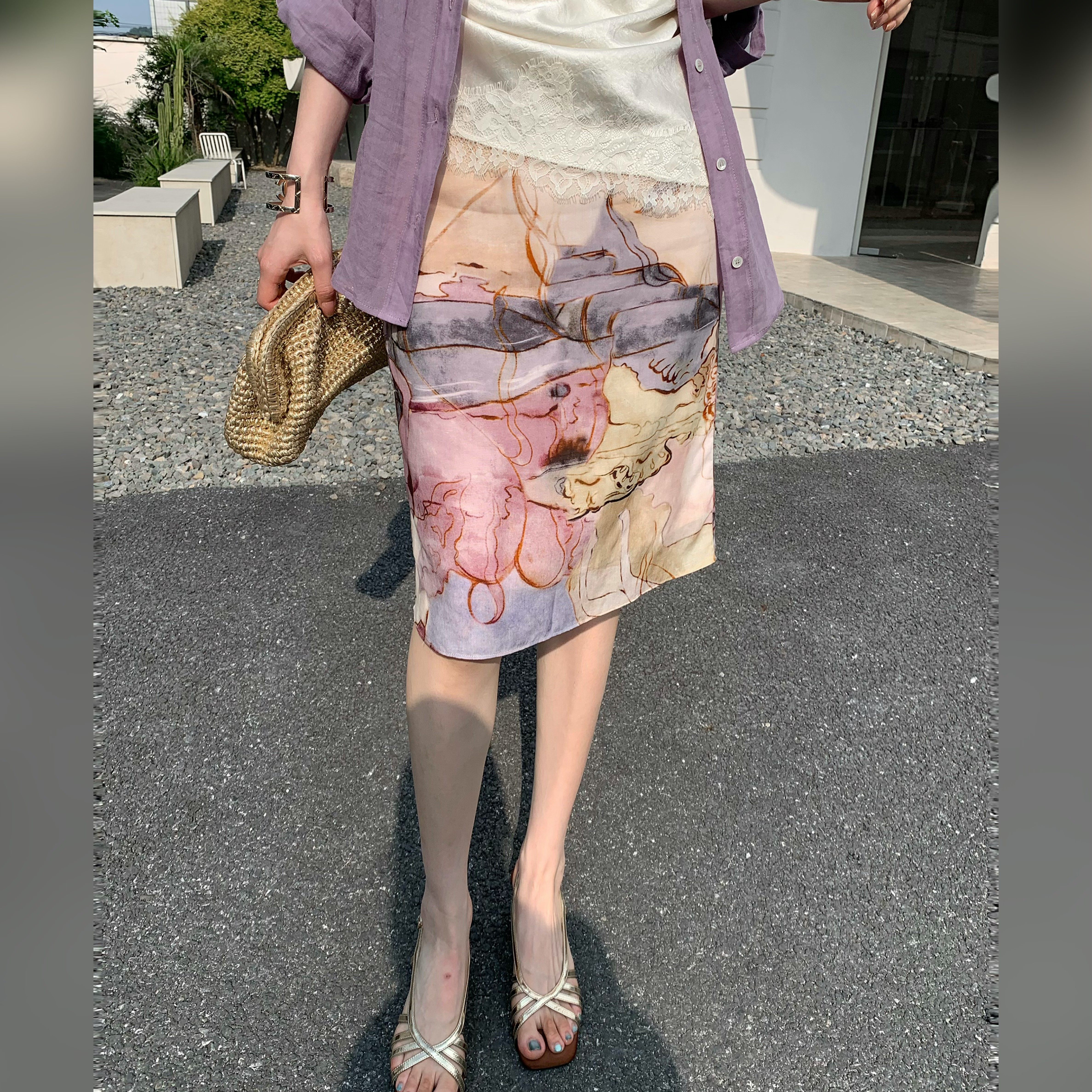邱莹莹“水彩染画系列”莱赛尔亚麻设计感扭结衬衫晕染半身裙套装