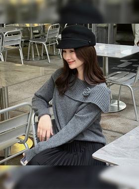 邱莹莹 HELA AOMI “山茶花一字肩”绵羊毛100%搭肩绣花针织衫