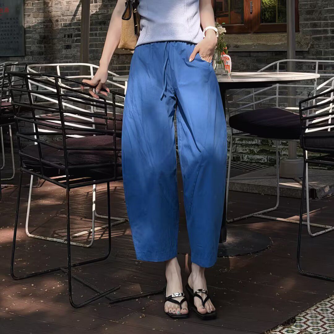 邱莹莹  "克莱因蓝"全棉松紧腰带弯刀显瘦舒适休闲裤女宽松慵懒风