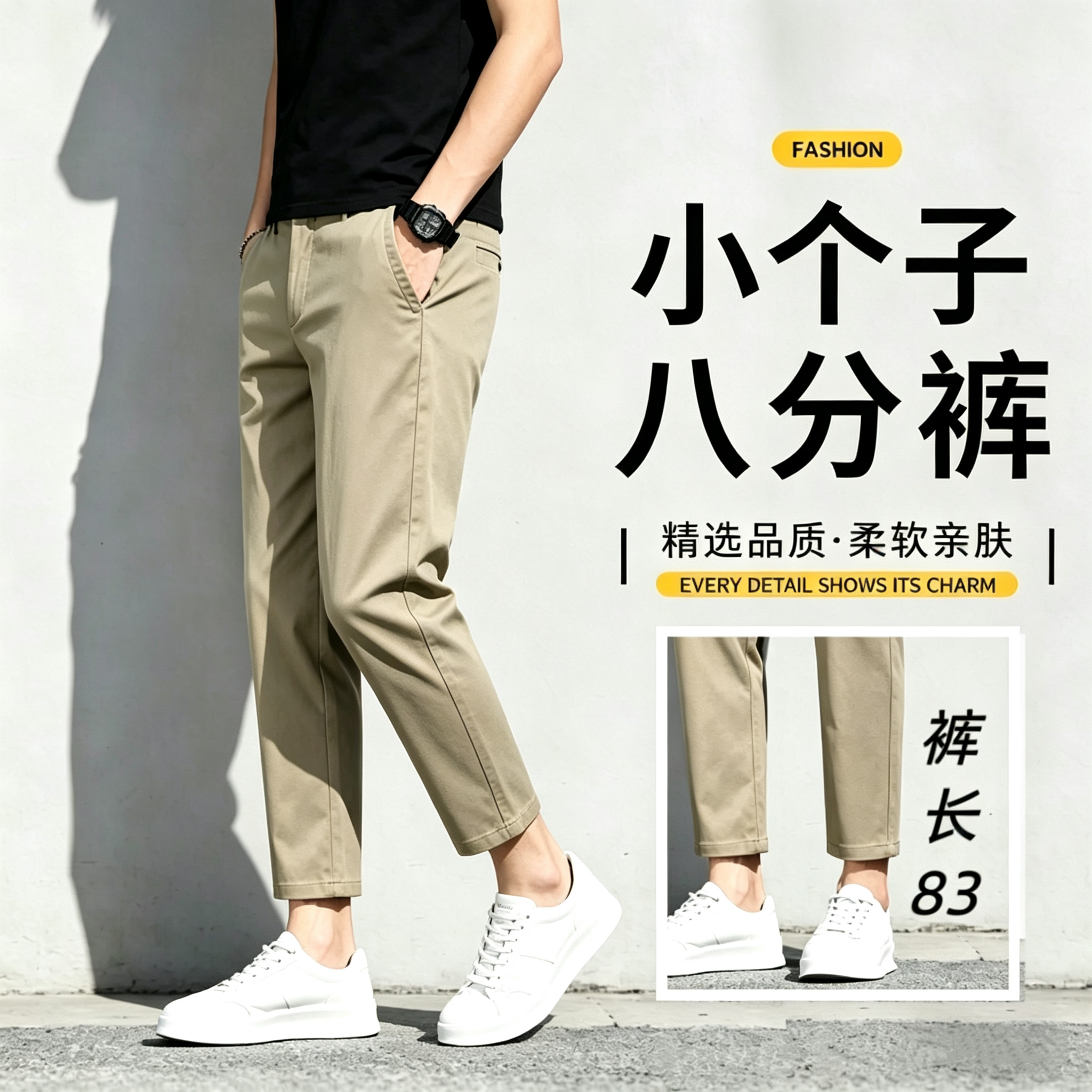 夏季薄款小个子八分裤男士休闲裤小直筒九分裤宽松五分裤
