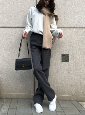 深灰色毛呢高腰直筒阔腿拖地裤女2025秋冬显瘦宽松休闲垂感长裤子