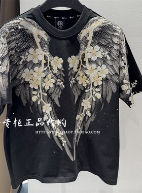 轻奢潮牌TCH专柜正品 25夏款男女花朵翅膀烫钻短袖T恤 T75B106021