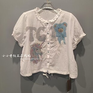 轻奢潮牌TCH专柜正品 26夏款小熊烫钻花苞领短袖衬衣 T78B13E1049