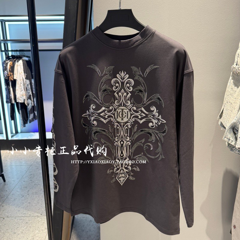 TCH烫钻字母花卉长袖T恤