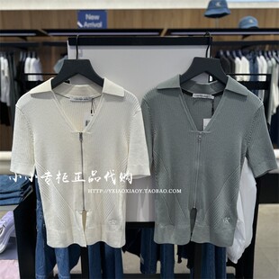 CK Jeans专柜正品 2024早秋款女士时尚V领拉链短袖针织衫 J223933