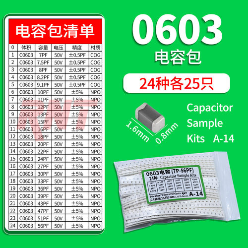 0603贴片电容包7PF-56PF(24各25个)50V 100V样品包10pf 14pf 30pf