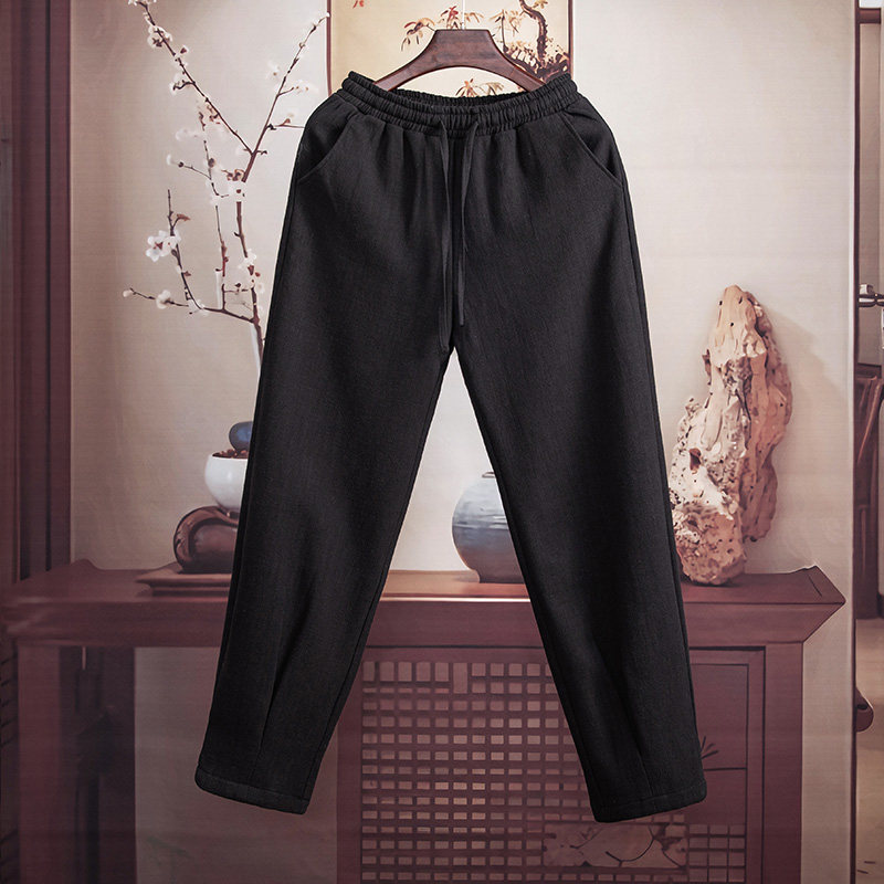 由天丨秋冬季长裤男士棉麻加绒休闲裤大码宽松阔腿裤中老年男裤子