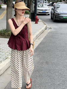 棉麻波点系带V领无袖外穿背心女夏宽松显瘦衬衫+阔腿休闲裤两件套