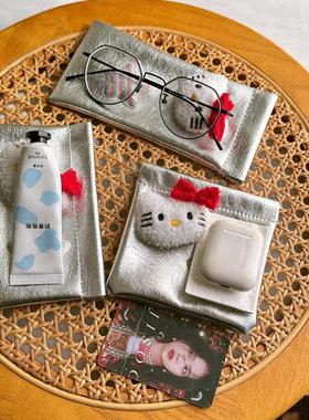 小清新银色PUkt猫头夹片口金包零钱包杂物收纳袋装护垫耳机眼镜袋