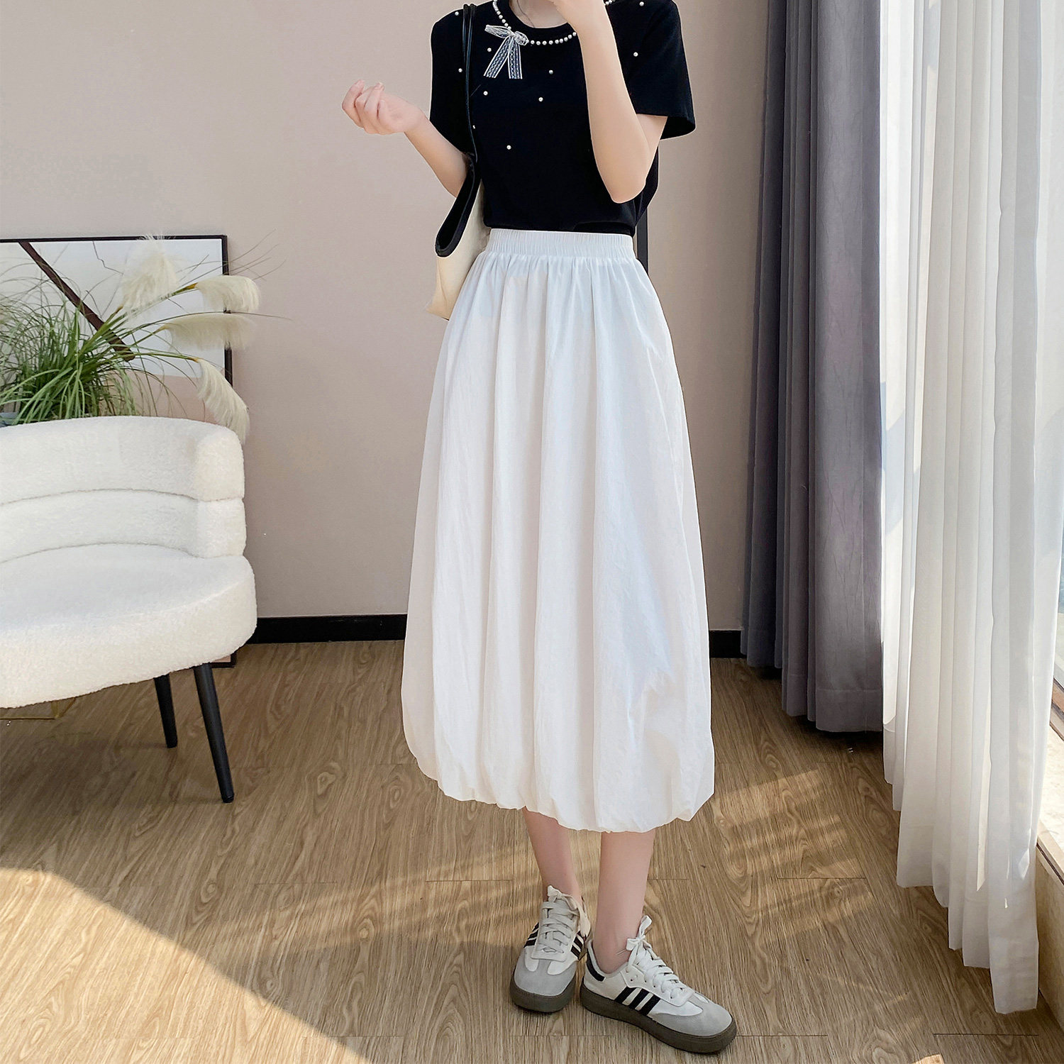 0503 白色花苞半身裙女夏季新款高腰中长款灯笼裙泡泡裙A字裙