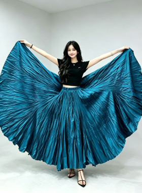 8081 宽松肌理感褶皱A字半身裙春夏新品不规则下摆大摆伞裙女长裙
