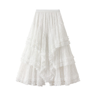 2559 大摆裙 a字半身裙女2026春夏不规则花边网纱蓬蓬裙中长款