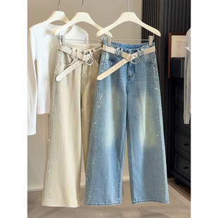 8038 闪钻设计感水洗牛仔裤女2026新款高腰辣妹直筒带钻爆闪长裤