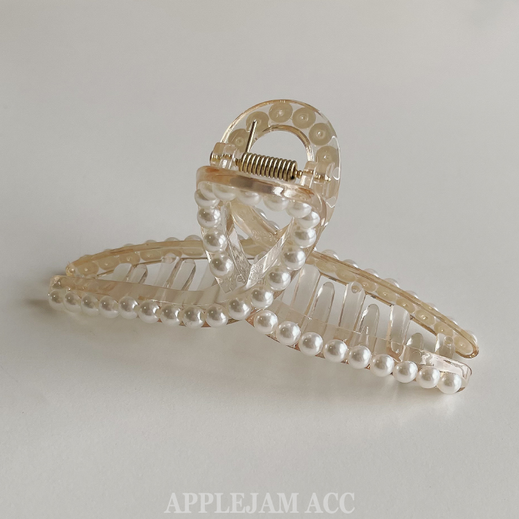 APPLEJAM 韩国ins网红 香槟色透明亚克力珍珠简约丝带鲨鱼夹 发抓