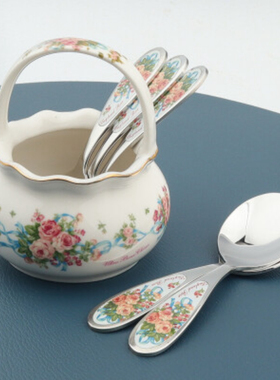 韩国进口SMF英格兰玫瑰不锈钢小勺甜品咖啡勺子冰激凌勺子儿童勺