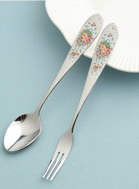 韩国进口SMF英式玫瑰花束304不锈钢咖啡勺搅拌勺实心水果叉蛋糕叉